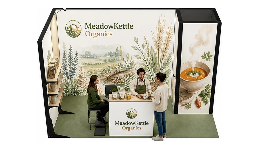 Stoisko 4 × 2 m narożne lewe dla branży żywność ekologiczna, przykładowa marka MeadowKettle Organics