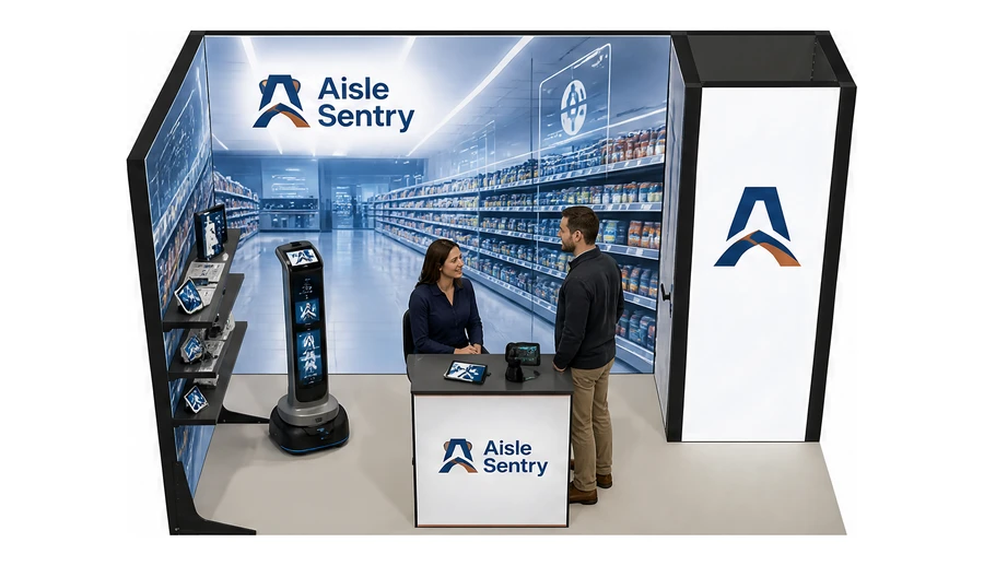 Stoisko 4 × 2 m narożne lewe dla branży technologie dla handlu, przykładowa marka Aisle Sentry