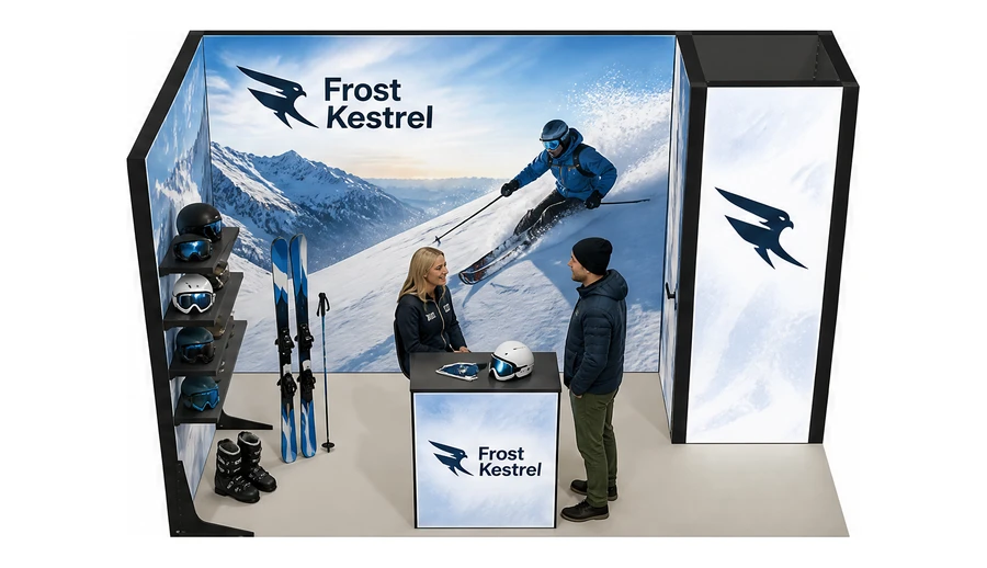 Stoisko 4 × 2 m narożne lewe dla branży narciarstwo i sporty zimowe, przykładowa marka Frost Kestrel