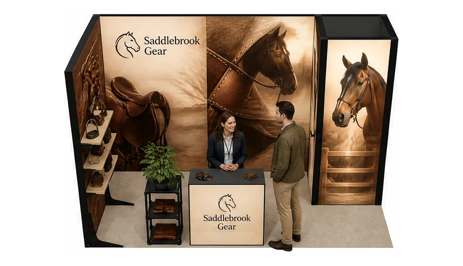 Stoisko 4 × 2 m narożne lewe dla branży jeździectwo, przykładowa marka Saddlebrook Gear