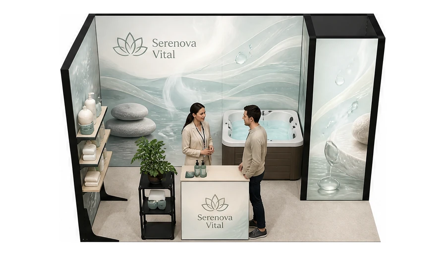 Stoisko 4 × 2 m narożne lewe dla branży spa i wellness, przykładowa marka Serenova Vital