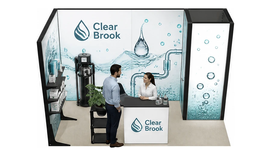 Stoisko 4 × 2 m narożne lewe dla branży technologie wodne, przykładowa marka Clear Brook