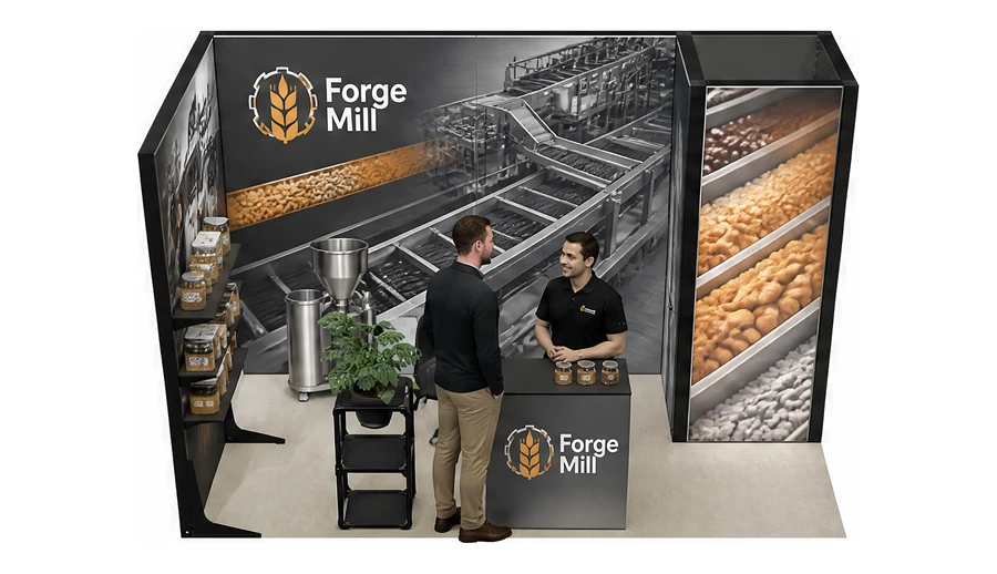 Stoisko 4 × 2 m narożne lewe dla branży technologie spożywcze, przykładowa marka Forge Mill