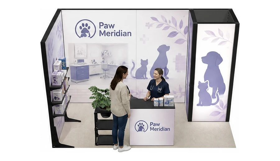 Stoisko 4 × 2 m narożne lewe dla branży weterynaria, przykładowa marka Paw Meridian