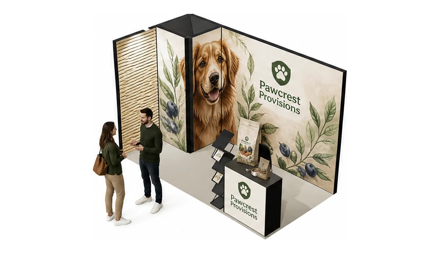 Stoisko 4 × 2 m narożne lewe dla branży karma dla zwierząt, przykładowa marka Pawcrest Provisions