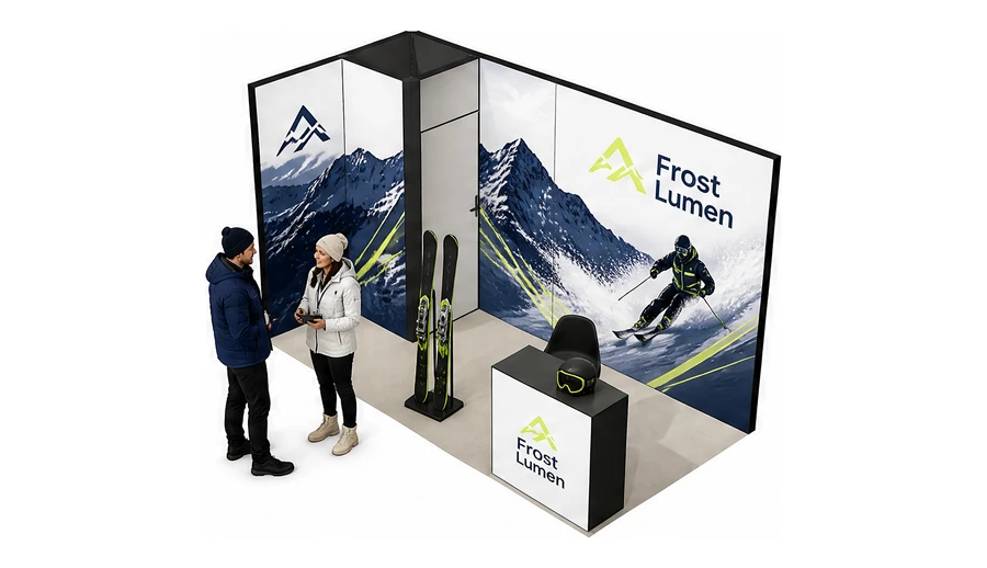 Stoisko 4 × 2 m narożne lewe dla branży narciarstwo i sporty zimowe, przykładowa marka Frost Lumen