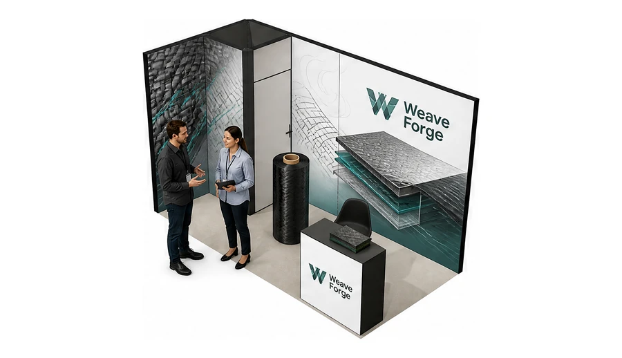 Stoisko 4 × 2 m narożne lewe dla branży materiały kompozytowe, przykładowa marka Weave Forge