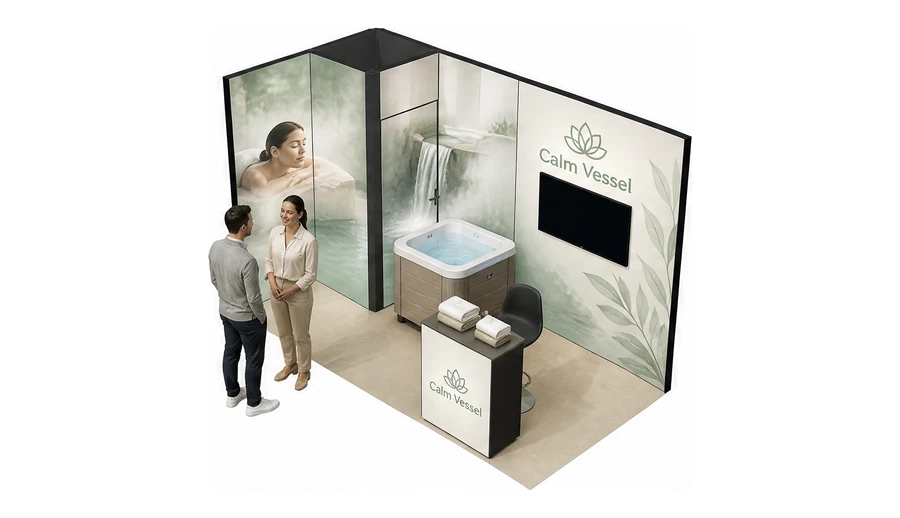 Stoisko 4 × 2 m narożne lewe dla branży spa i wellness, przykładowa marka Calm Vessel