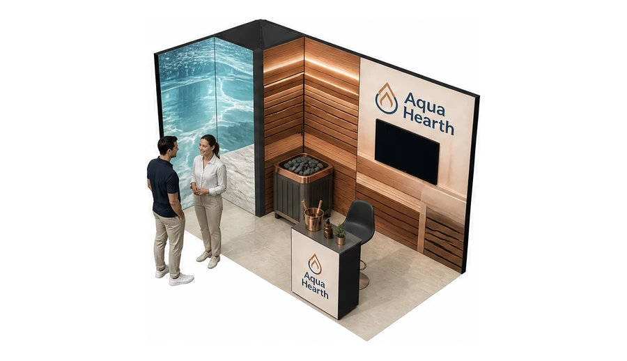 Stoisko 4 × 2 m narożne lewe dla branży baseny i sauny, przykładowa marka Aqua Hearth