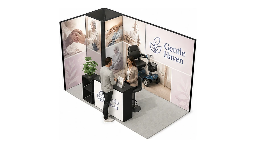 Stoisko 4 × 2 m narożne lewe dla branży opieka senioralna, przykładowa marka Gentle Haven