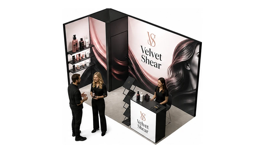 Stoisko 4 × 2 m narożne lewe dla branży fryzjerstwo i salony beauty, przykładowa marka Velvet Shear