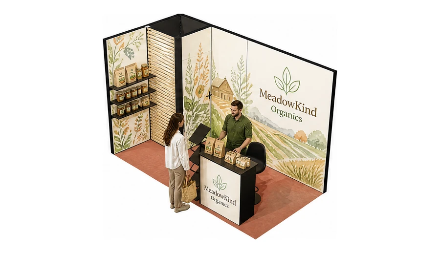 Stoisko 4 × 2 m narożne lewe dla branży żywność ekologiczna, przykładowa marka MeadowKind Organics