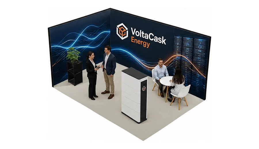 Stoisko 4 × 3 m narożne lewe dla branży magazyny energii, przykładowa marka VoltaCask Energy