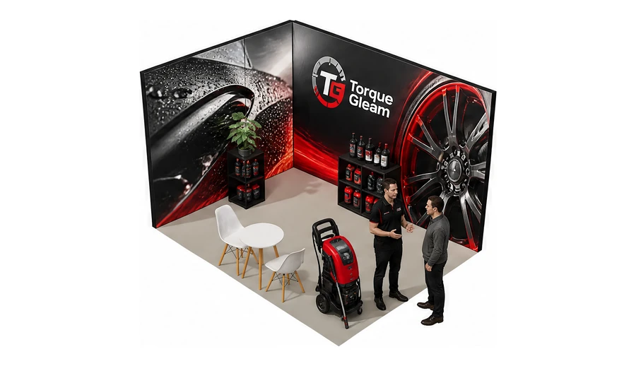 Stoisko 4 × 3 m narożne lewe dla branży tuning i detailing, przykładowa marka Torque Gleam