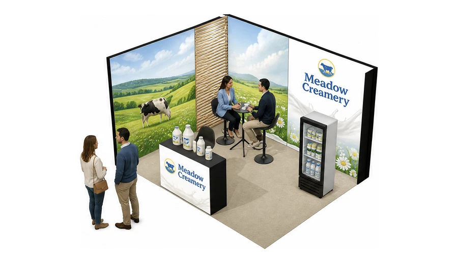 Stoisko 4 × 3 m narożne lewe dla branży nabiał i mleczarstwo, przykładowa marka Meadow Creamery
