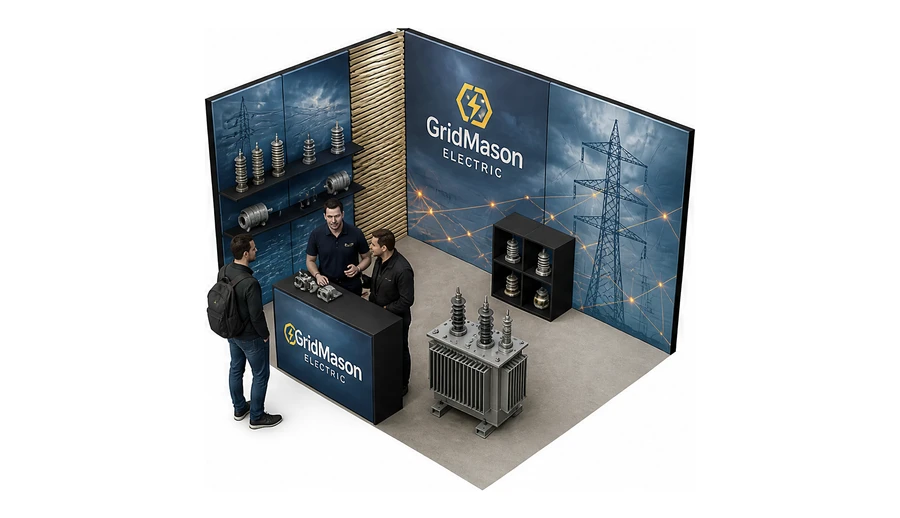 Stoisko 4 × 3 m narożne lewe dla branży energetyka i sieci, przykładowa marka GridMason Electric