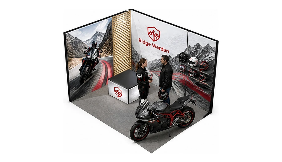 Stoisko 4 × 3 m narożne lewe dla branży motocykle i skutery, przykładowa marka Ridge Warden