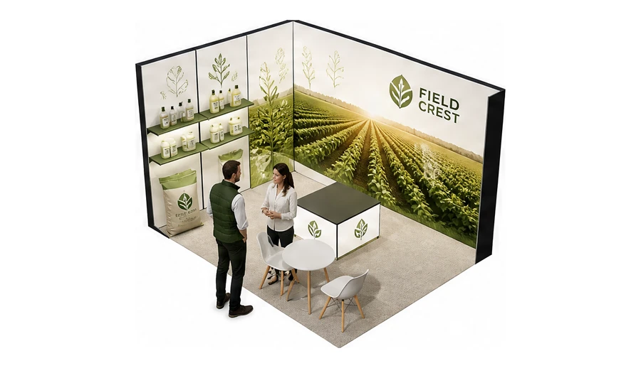 Stoisko 4 × 3 m narożne lewe dla branży nawozy i ochrona roślin, przykładowa marka Field Crest