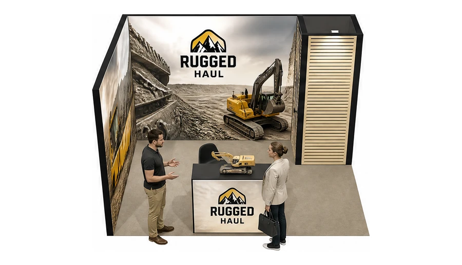 Stoisko 4 × 3 m narożne lewe dla branży maszyny budowlane, przykładowa marka Rugged Haul
