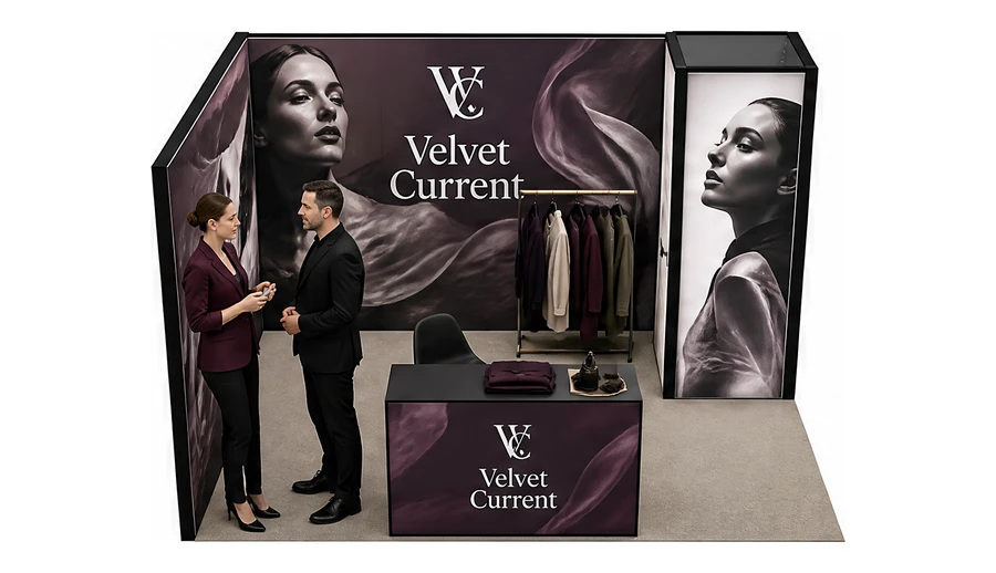 Stoisko 4 × 3 m narożne lewe dla branży odzież i moda, przykładowa marka Velvet Current