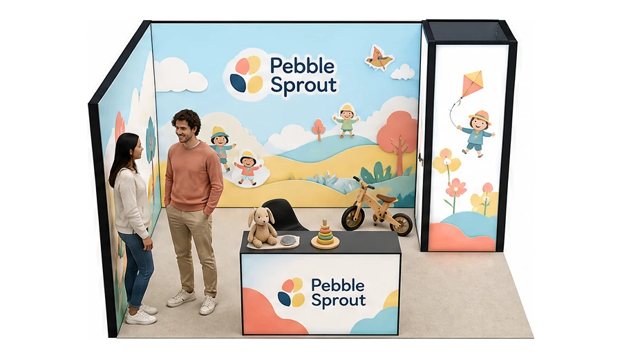 Stoisko 4 × 3 m narożne lewe dla branży zabawki i artykuły dziecięce, przykładowa marka Pebble Sprout