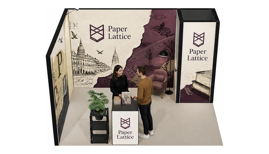 Stoisko 4 × 3 m narożne lewe dla branży wydawnictwa, przykładowa marka Paper Lattice