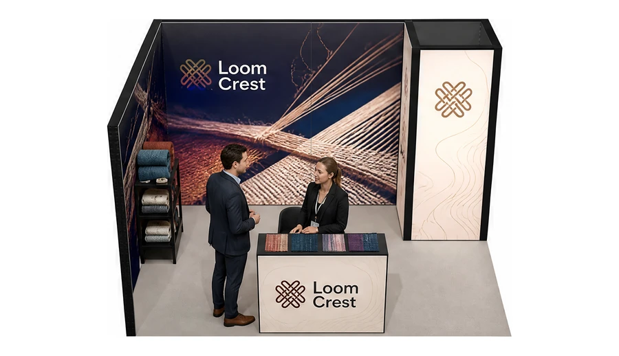 Stoisko 4 × 3 m narożne lewe dla branży tekstylia i tkaniny, przykładowa marka Loom Crest