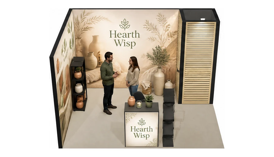 Stoisko 4 × 3 m narożne lewe dla branży dekoracje i upominki, przykładowa marka Hearth Wisp
