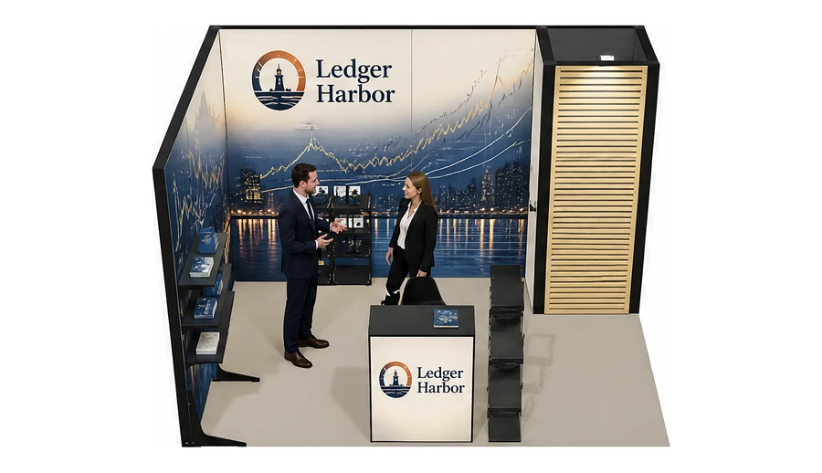 Stoisko 4 × 3 m narożne lewe dla branży usługi finansowe i księgowe, przykładowa marka Ledger Harbor