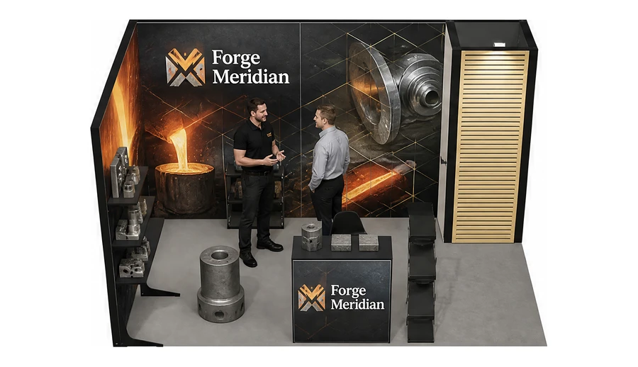 Stoisko 4 × 3 m narożne lewe dla branży obróbka metali i odlewnictwo, przykładowa marka Forge Meridian