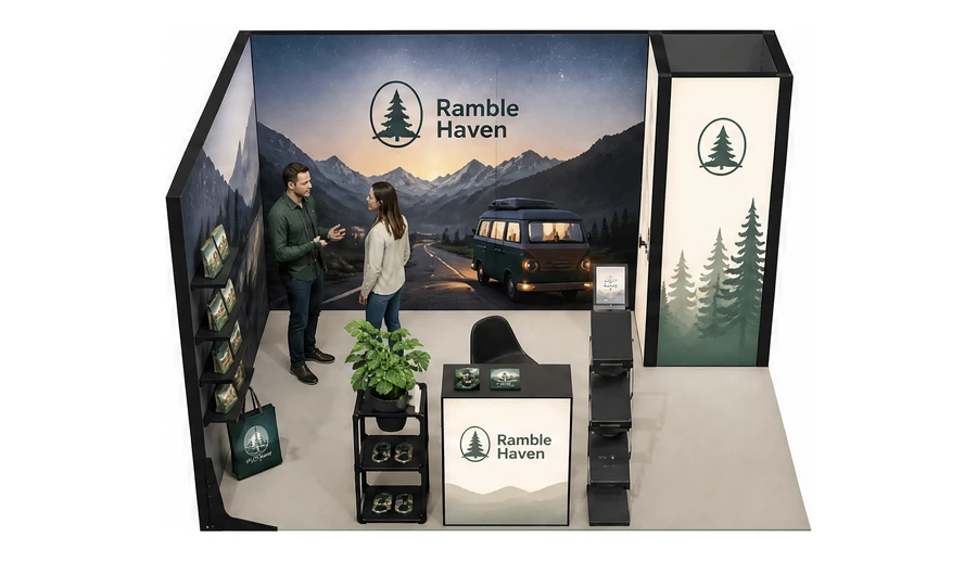 Stoisko 4 × 3 m narożne lewe dla branży caravaning i kampery, przykładowa marka Ramble Haven