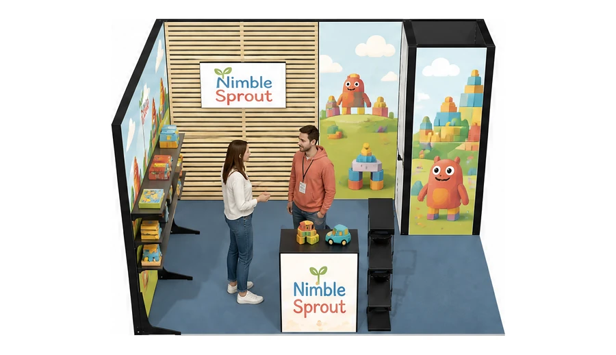 Stoisko 4 × 3 m narożne lewe dla branży zabawki i artykuły dziecięce, przykładowa marka Nimble Sprout