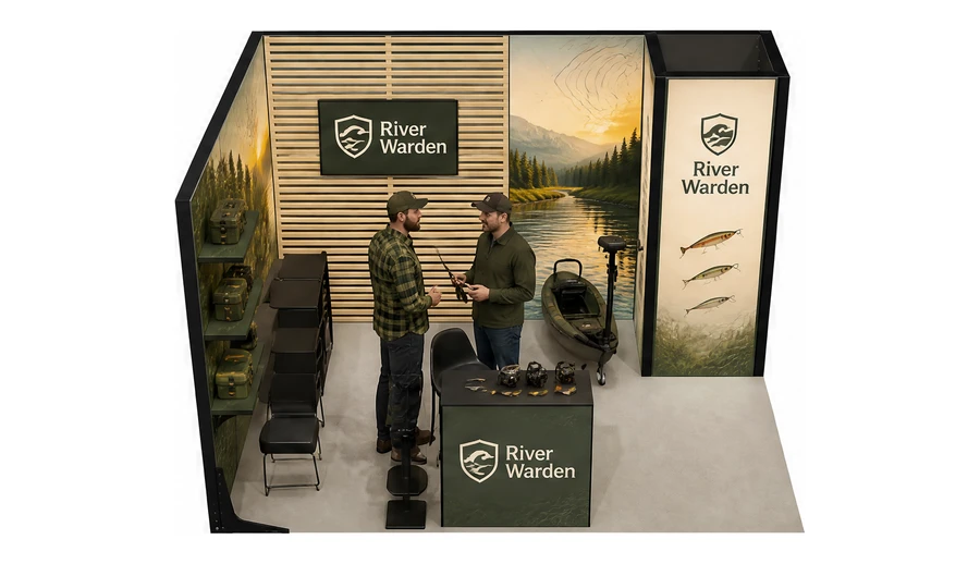 Stoisko 4 × 3 m narożne lewe dla branży wędkarstwo, przykładowa marka River Warden