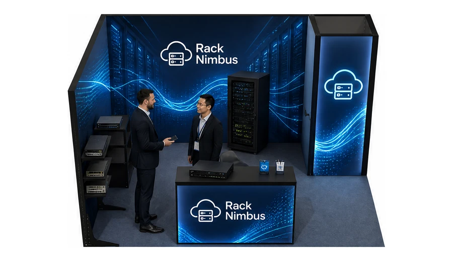 Stoisko 4 × 3 m narożne lewe dla branży infrastruktura IT i data center, przykładowa marka Rack Nimbus