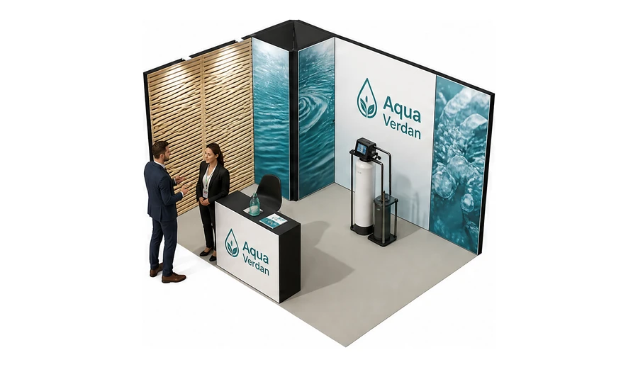 Stoisko 4 × 3 m narożne lewe dla branży technologie wodne, przykładowa marka Aqua Verdan