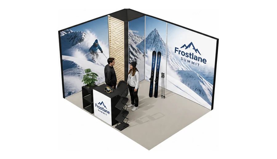 Stoisko 4 × 3 m narożne lewe dla branży narciarstwo i sporty zimowe, przykładowa marka Frostlane Summit