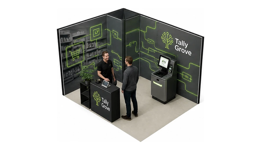 Stoisko 4 × 3 m narożne lewe dla branży technologie dla handlu, przykładowa marka Tally Grove