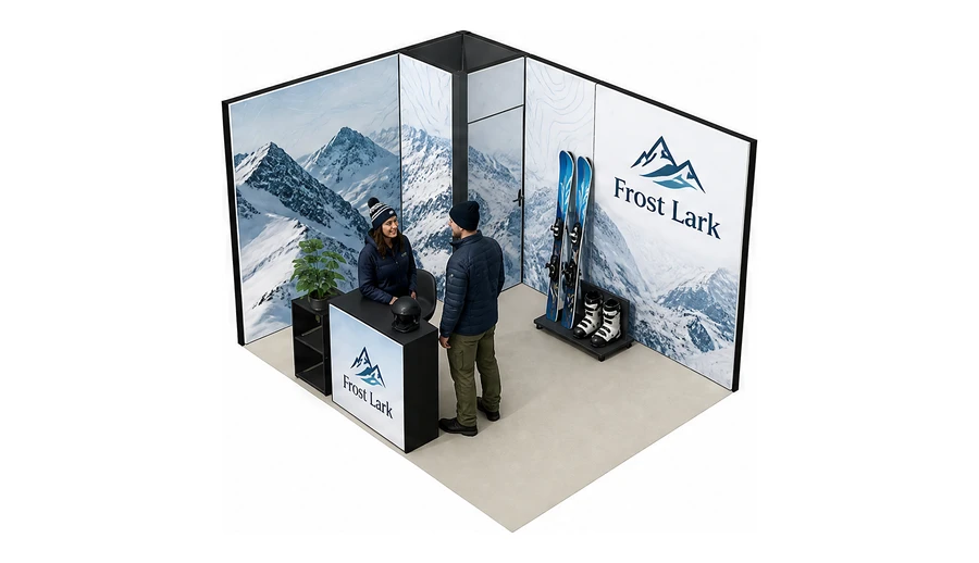 Stoisko 4 × 3 m narożne lewe dla branży narciarstwo i sporty zimowe, przykładowa marka Frost Lark