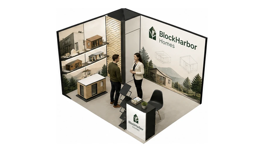 Stoisko 4 × 3 m narożne lewe dla branży domy modułowe i prefabrykacja, przykładowa marka BlockHarbor Homes