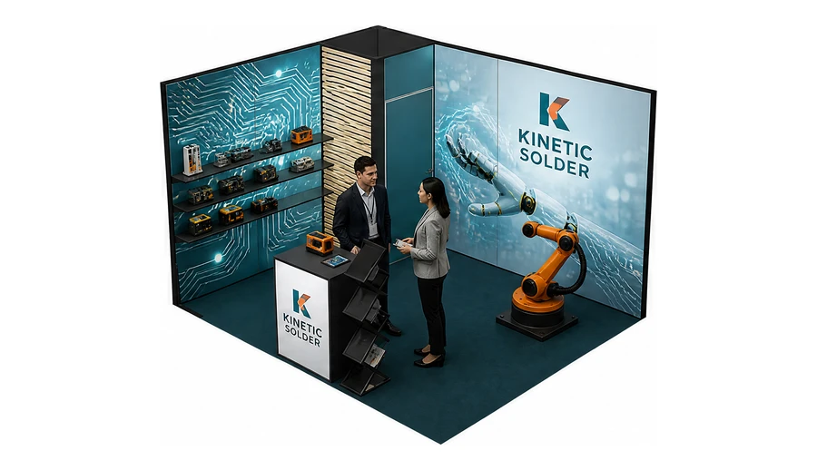 Stoisko 4 × 3 m narożne lewe dla branży automatyka przemysłowa, przykładowa marka Kinetic Solder