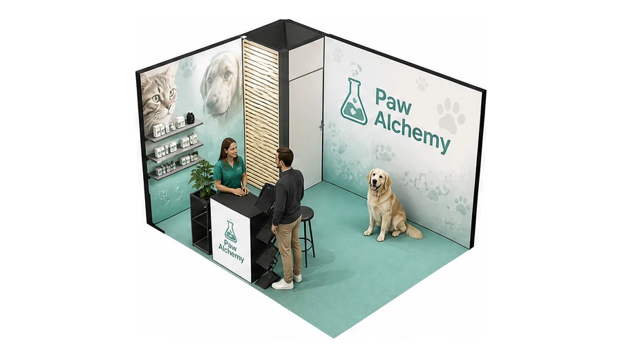 Stoisko 4 × 3 m narożne lewe dla branży weterynaria, przykładowa marka Paw Alchemy