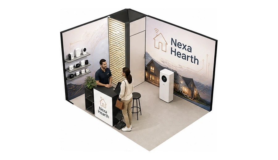 Stoisko 4 × 3 m narożne lewe dla branży smart home i IoT, przykładowa marka Nexa Hearth