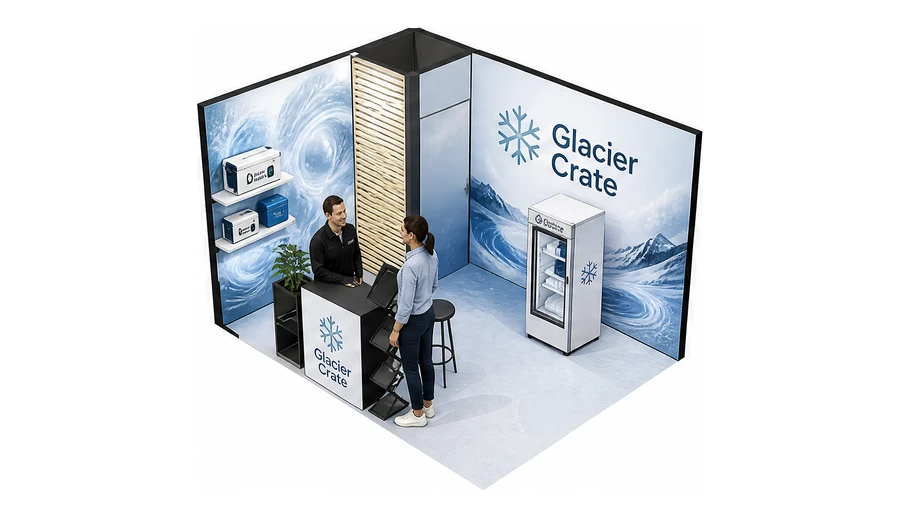 Stoisko 4 × 3 m narożne lewe dla branży łańcuch chłodniczy, przykładowa marka Glacier Crate