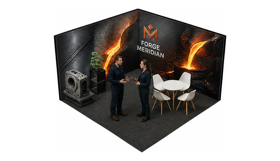 Stoisko 4 × 4 m narożne lewe dla branży obróbka metali i odlewnictwo, przykładowa marka Forge Meridian
