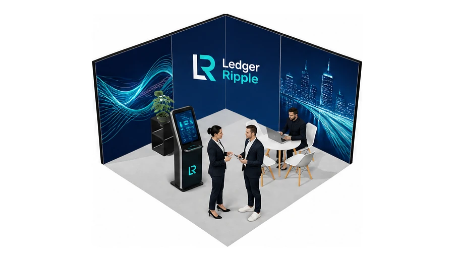 Stoisko 4 × 4 m narożne lewe dla branży płatności online, przykładowa marka Ledger Ripple
