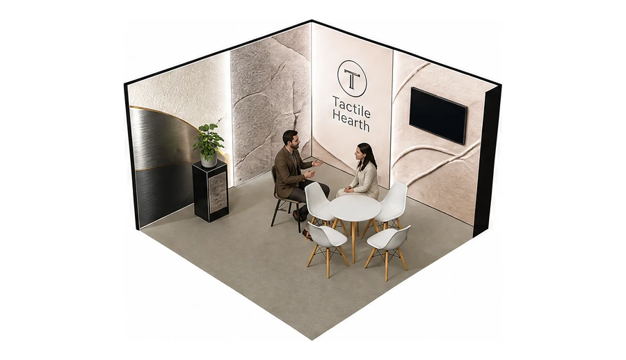 Stoisko 4 × 4 m narożne lewe dla branży wykończenie wnętrz, przykładowa marka Tactile Hearth