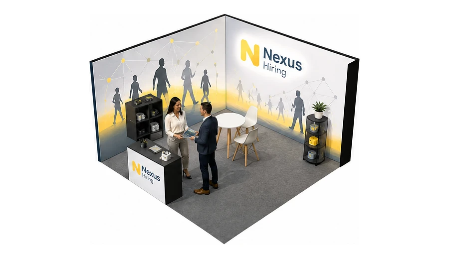 Stoisko 4 × 4 m narożne lewe dla branży HR i rekrutacja, przykładowa marka Nexus Hiring