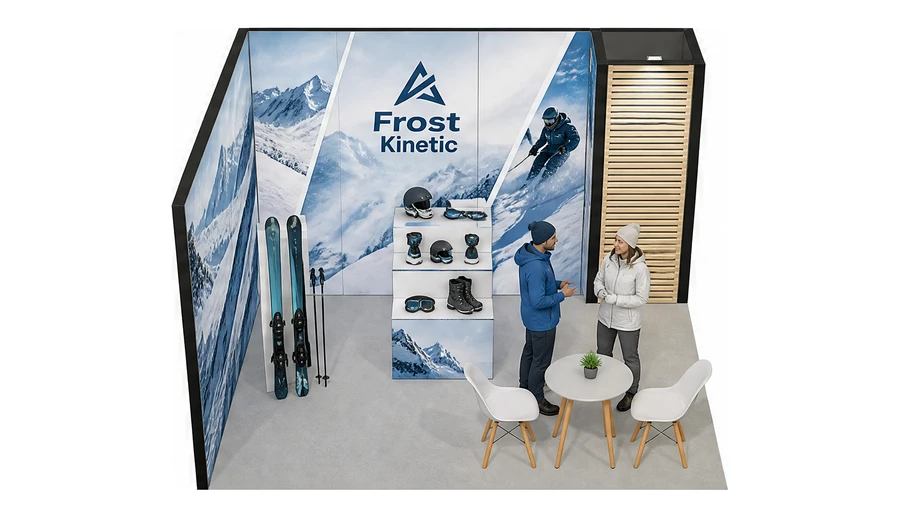 Stoisko 4 × 4 m narożne lewe dla branży narciarstwo i sporty zimowe, przykładowa marka Frost Kinetic