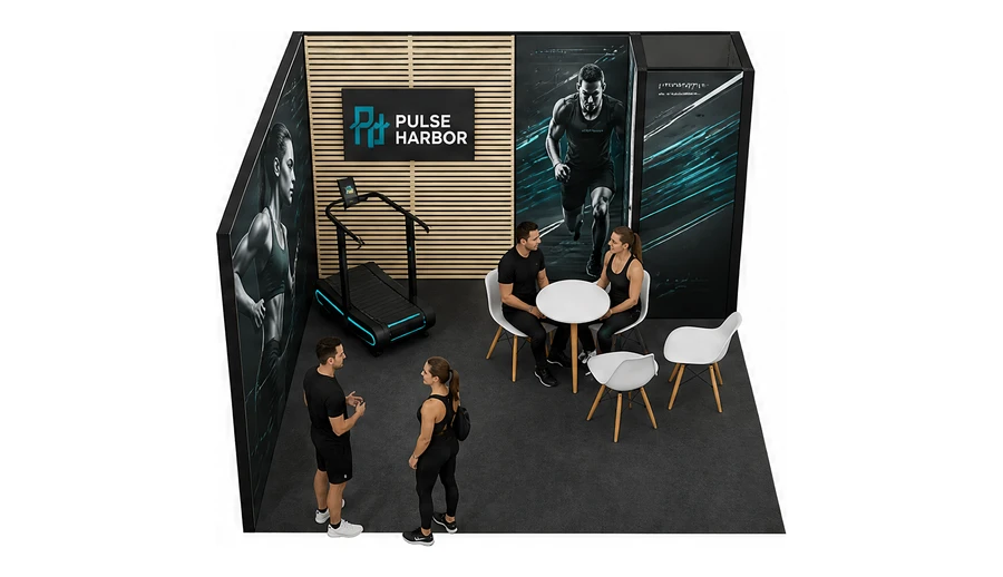 Stoisko 4 × 4 m narożne lewe dla branży fitness i siłownie, przykładowa marka Pulse Harbor