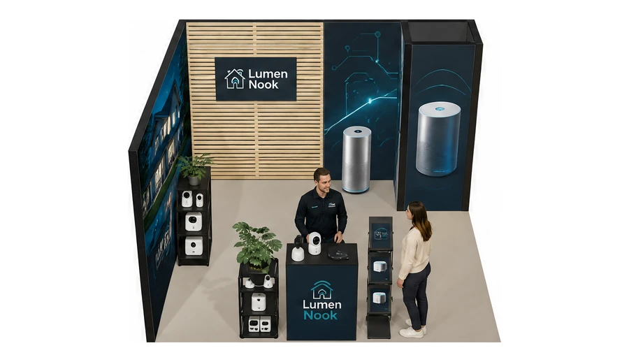 Stoisko 4 × 4 m narożne lewe dla branży smart home i IoT, przykładowa marka Lumen Nook